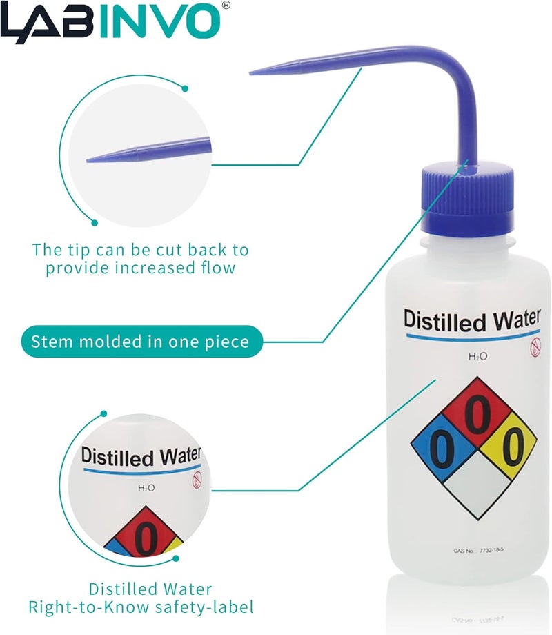 LINVO 4pcs of Distilled Water Wash Bottles, Vol.500ml (17oz), Narrow Mouth, Self-Venting Safety Wash Bottles, LDPE Material, IN-WBD500 - Image 3